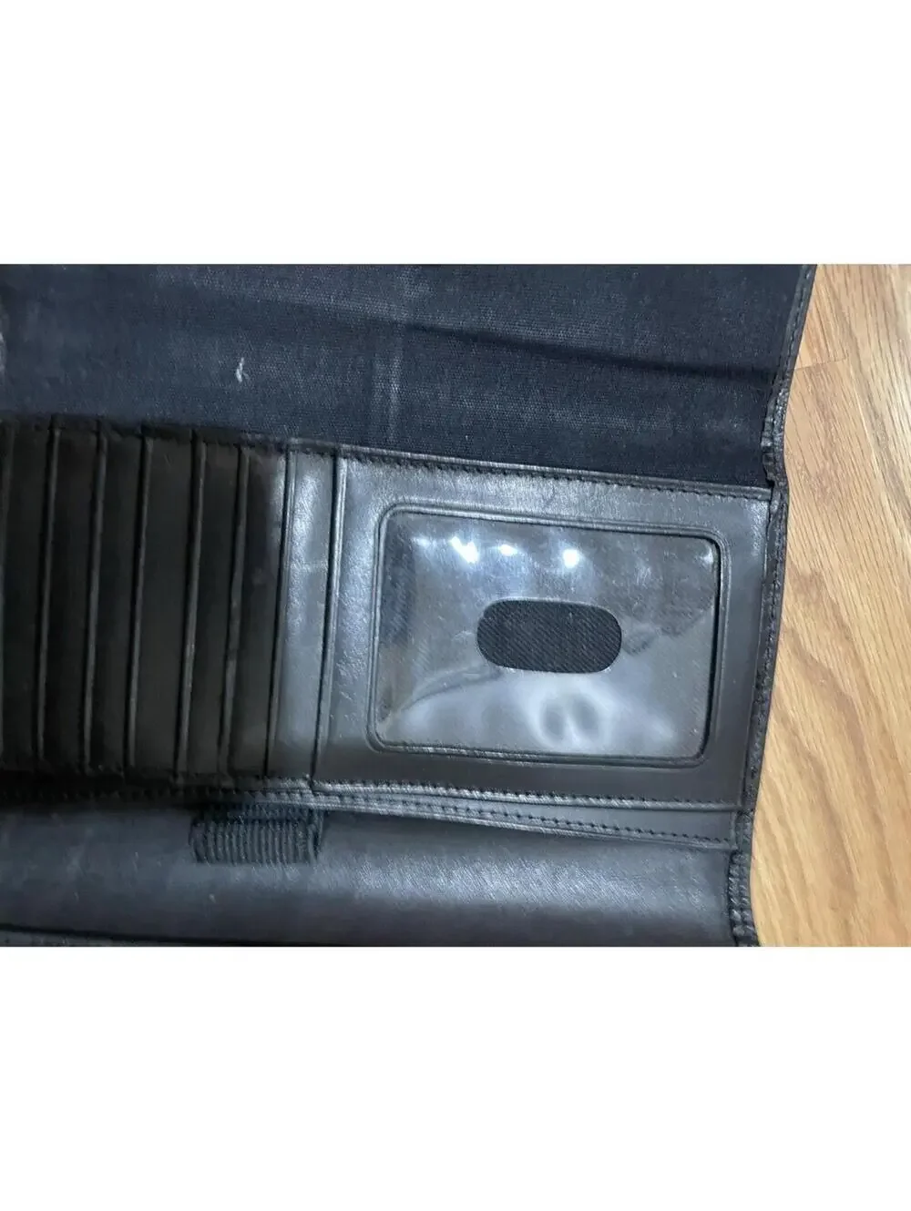 Vintage Fossil Black Genuine Leather Womens Trifold Wallet W/Outer Zipper Pocket